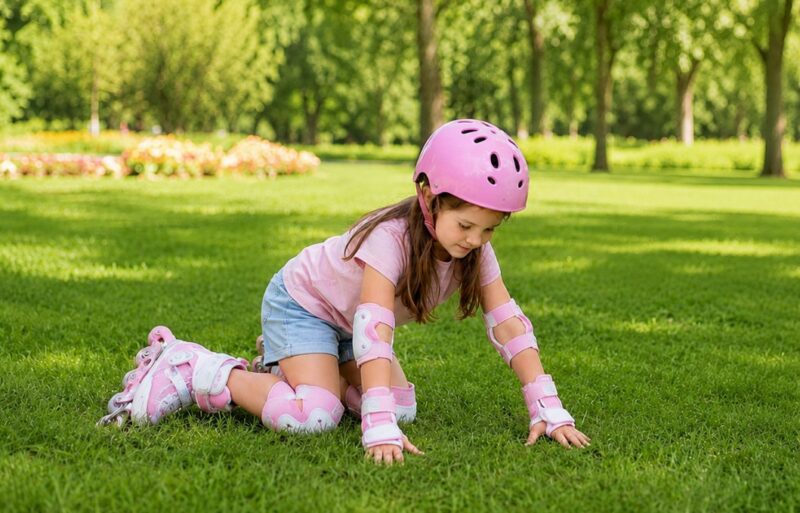 Devojčica sa kacigom i zaštitnim štitnicima kleči na travi nakon pada sa rolera i oslanja se rukama na zemlju